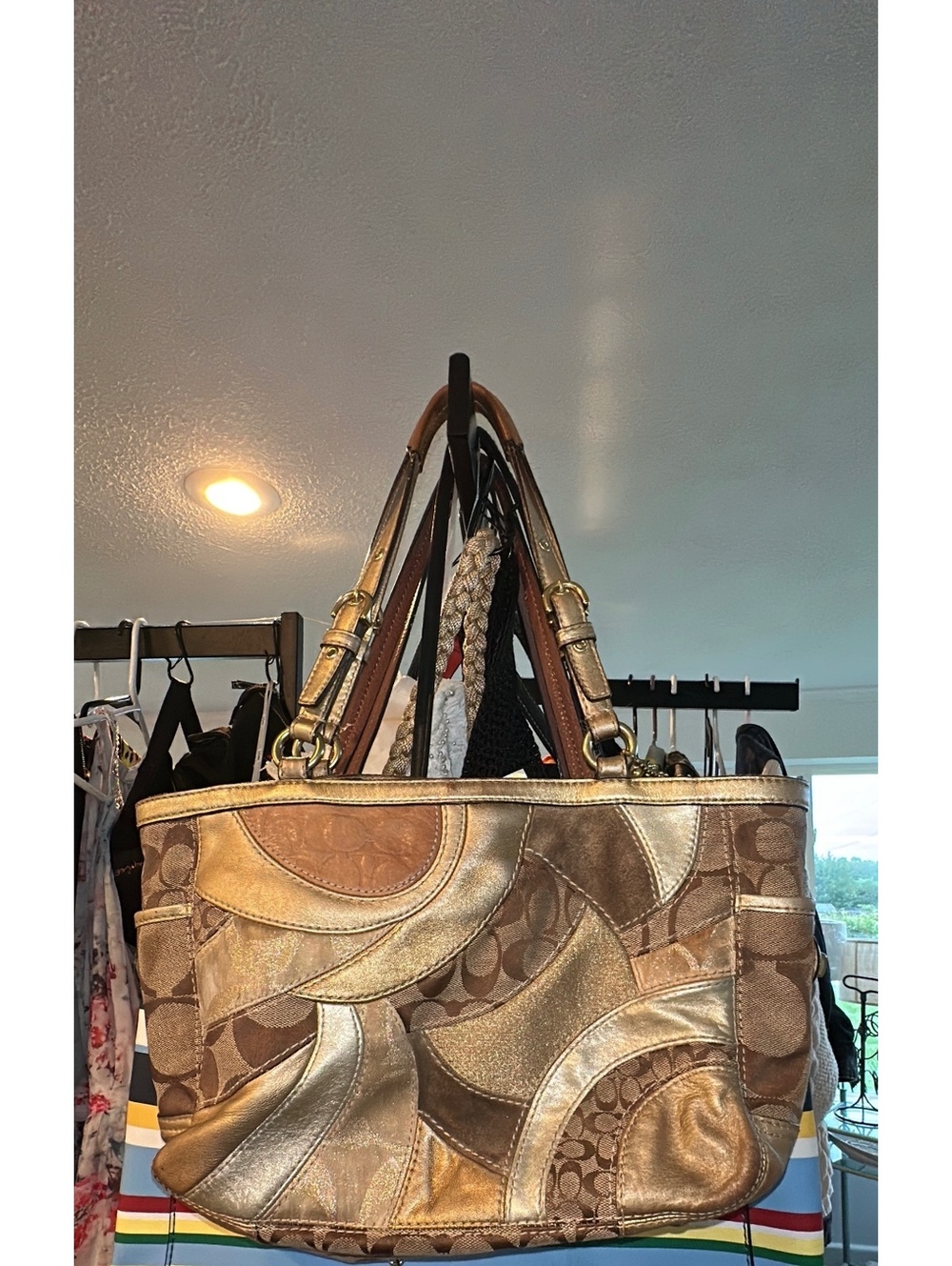 Coach Signature Patchwork Tote Bag in Brown and Gold
